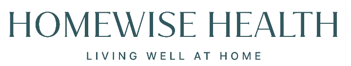 Logo for Homewise Health with the tagline "LIVING WELL AT HOME" written below in uppercase letters on a light background.